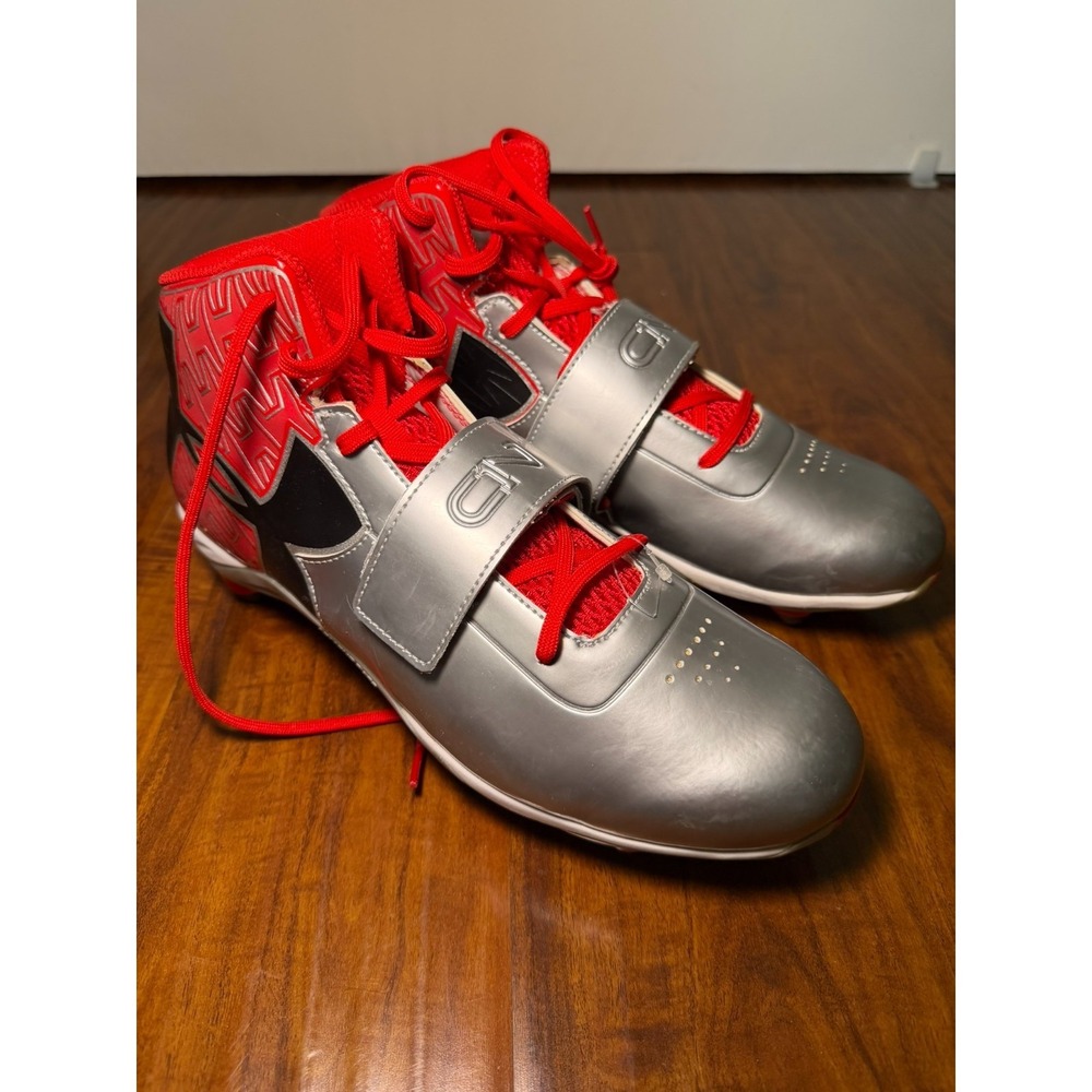 Under Armour-Men's Sz 11 C1N Cam Newton-Silver/Crimson Red Cleats- 1264317-601